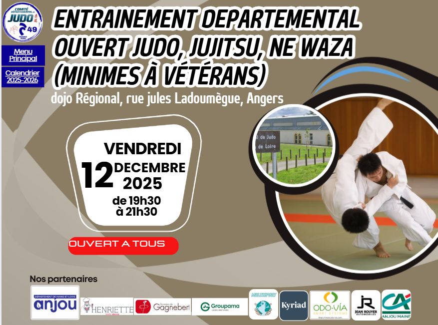 19h30-21h30: Entraînement ouvert judo, jujitsu, ne waza (minimes à vétérans)